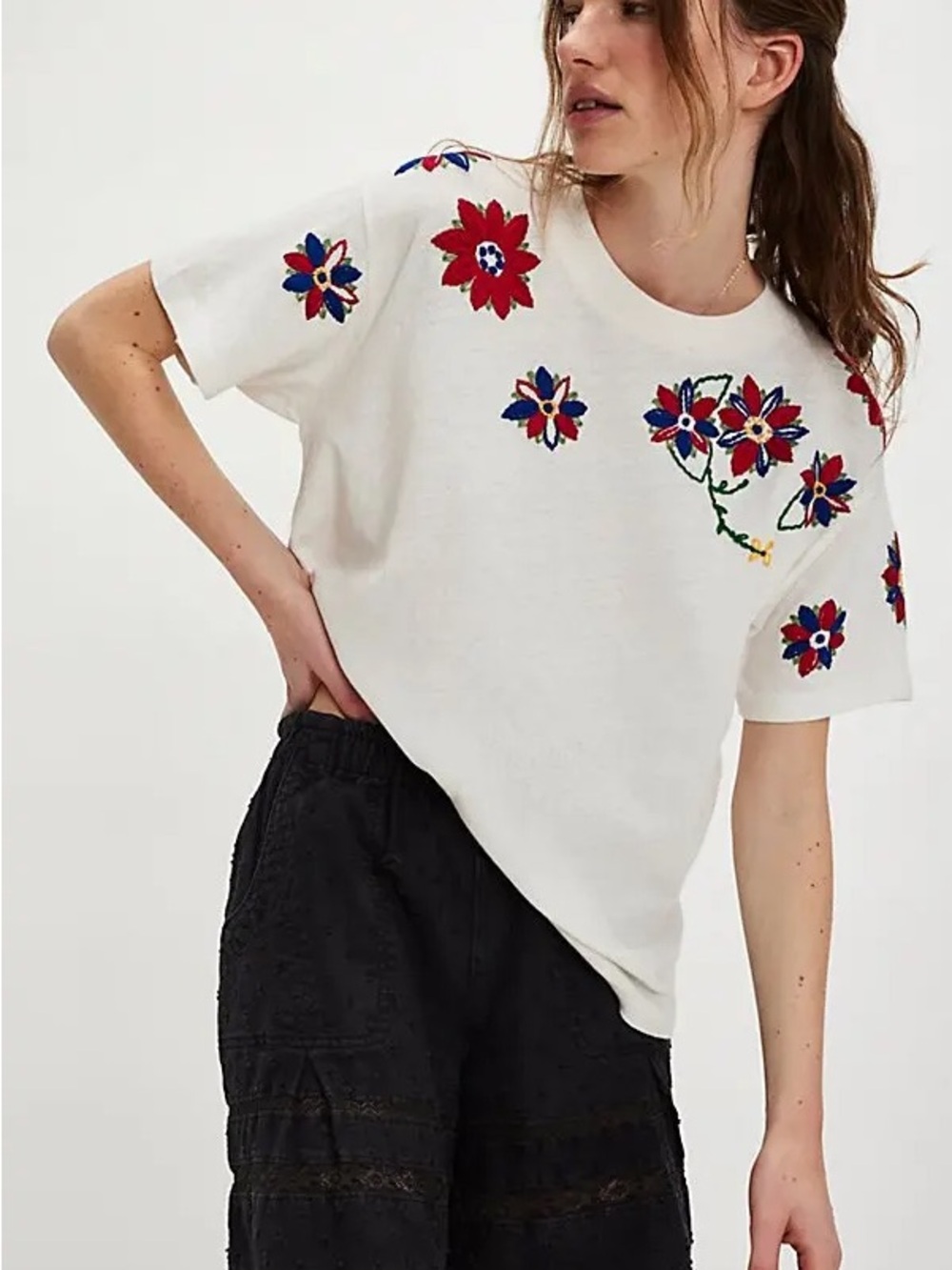 Free People Petal Stitch Tissue Tee, size S cream combo